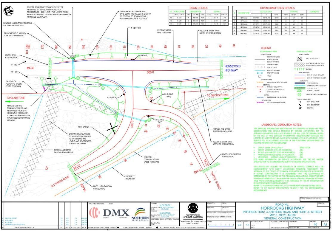 Detailed road and intersection engineering plan with colored markings, arrows, and dimensions.