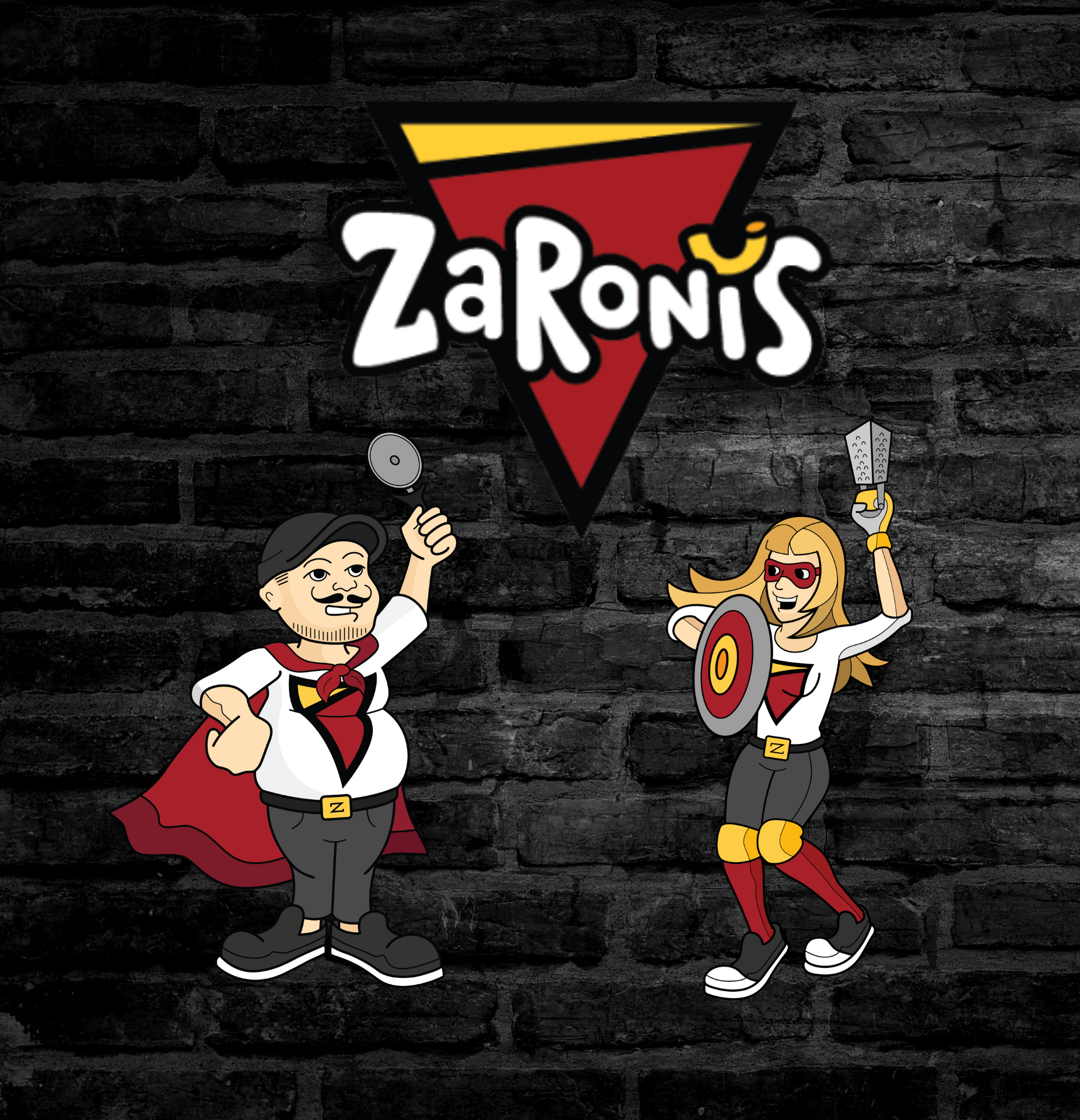 A man and a woman are standing in front of a zaroni 's logo