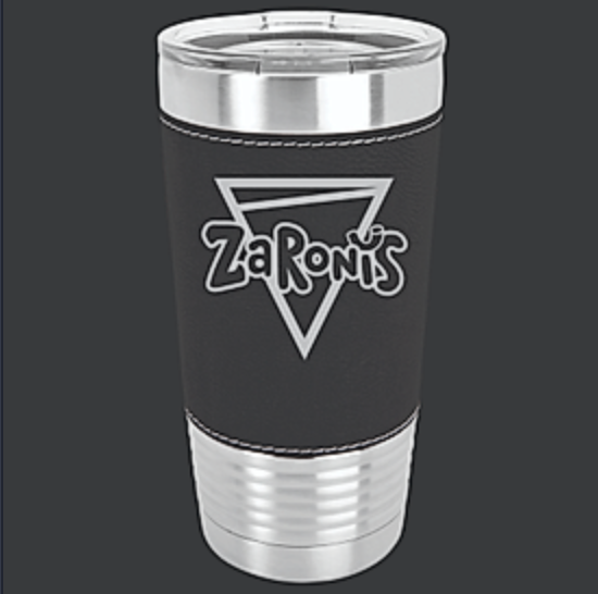 Silver Zaronis logo on a back leather background