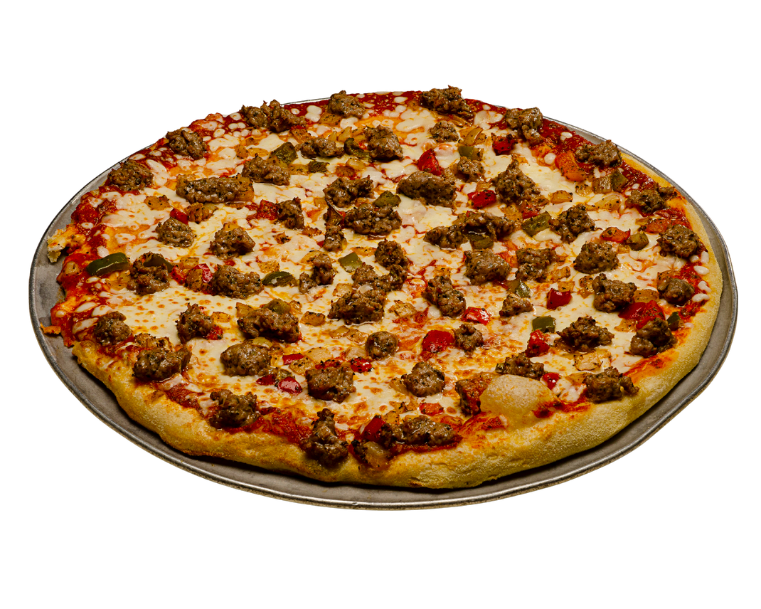 A pizza with sausage , peppers and cheese on a pan on a white background.