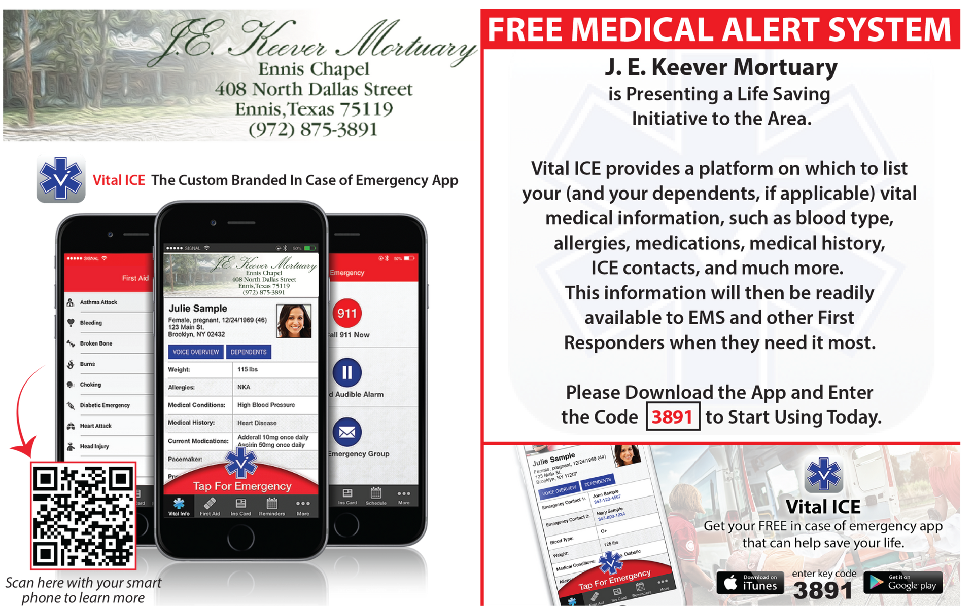 Promotional flyer for a free medical alert system, with smartphone app screens and service details.