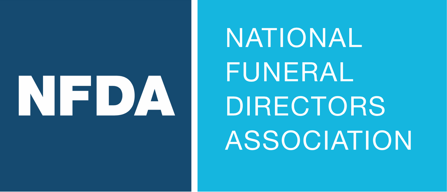 NFDA logo with white letters on dark blue beside National Funeral Directors Association on teal background