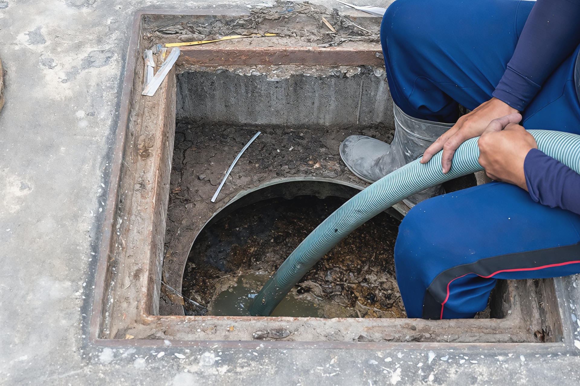Person in Blue Clothing Using a Hose to Clean Inside an Open Concrete Manhole — Tamworth Septic & Liquid Waste in Duri, NSW