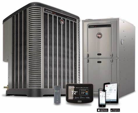 Air conditioning unit with thermostat and smartphone control display on a white background
