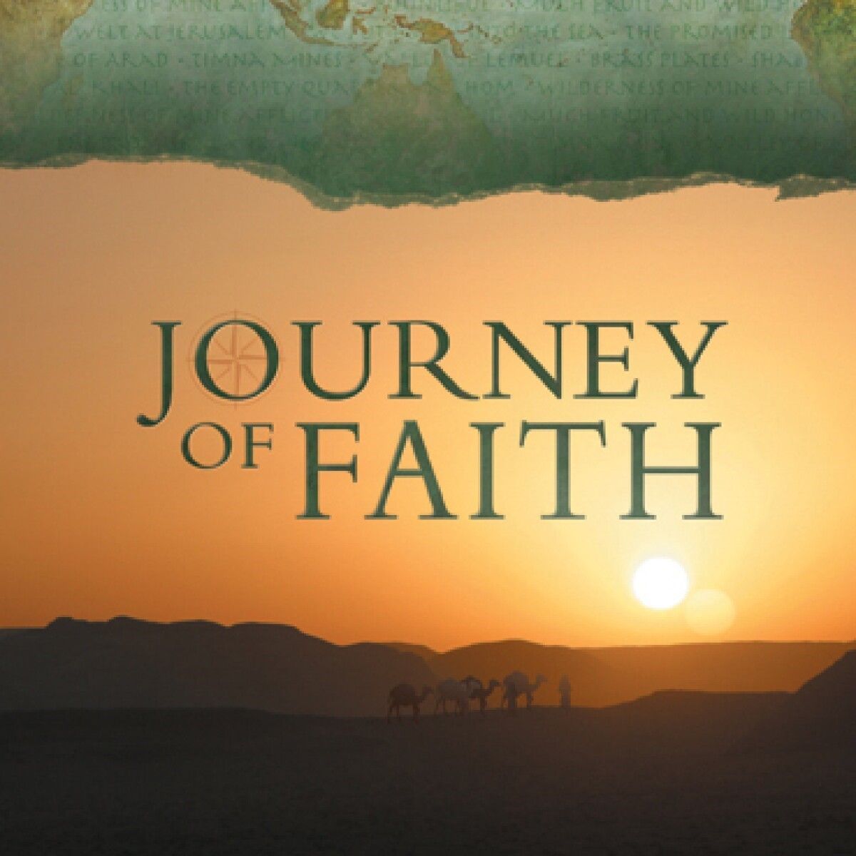 A journey of faith poster with a sunset in the background
