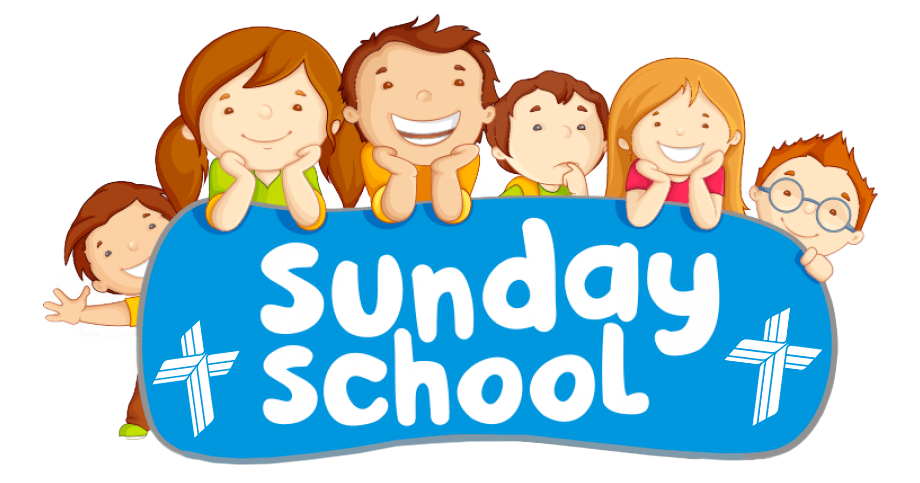 A group of children are holding a sign that says sunday school.