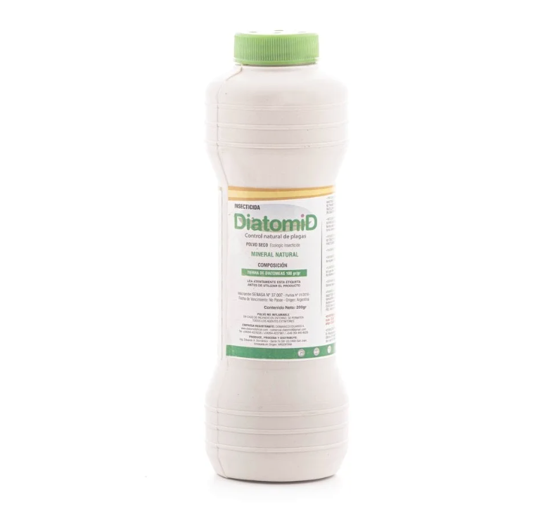 Botella blanca de DiatoniM con tapón y etiqueta verdes sobre un fondo blanco liso.