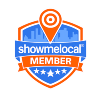 ShowMeLocal member badge: blue shield with city skyline, orange map pin, text, and stars.
