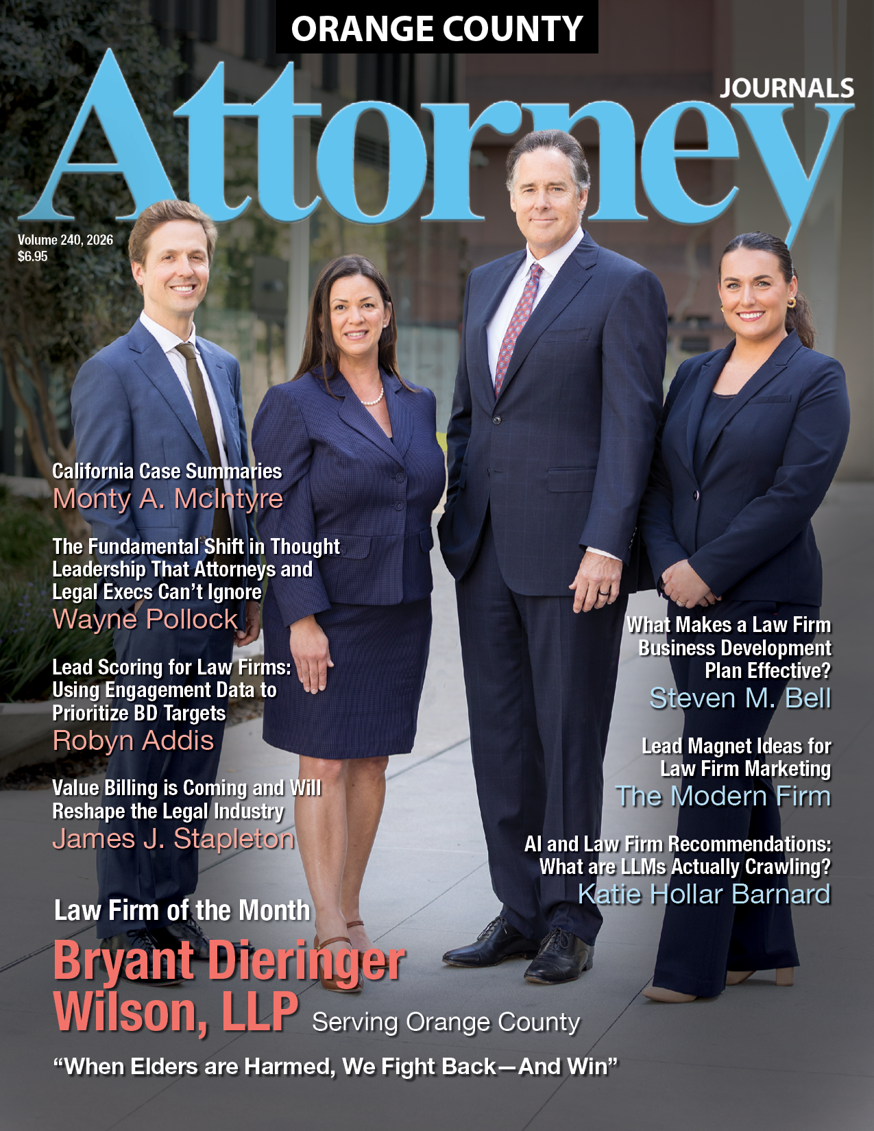 Orange County Attorney Journals cover: Three men in suits, Dunn DeSantis Walt & Kendrick LLP, Law Firm of the Month.