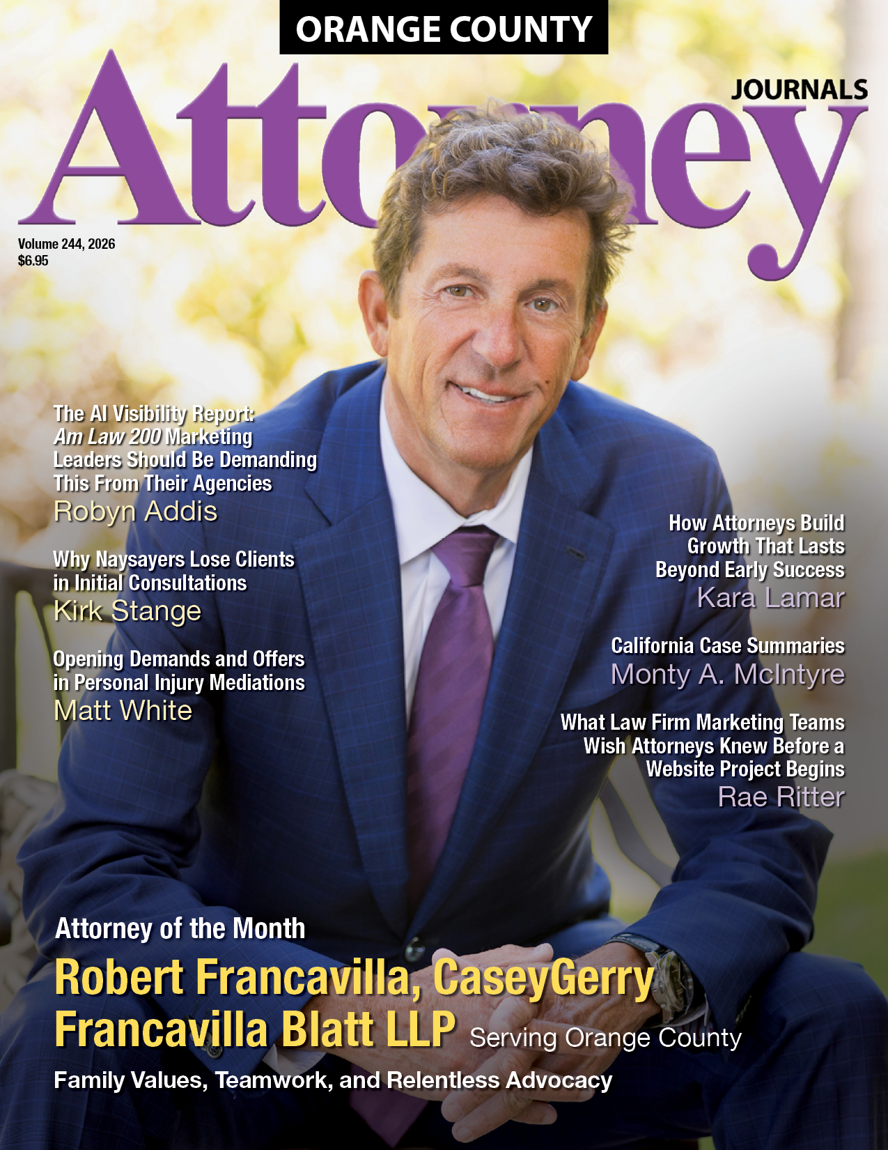 Orange County Attorney magazine cover with a man in a navy suit and purple tie