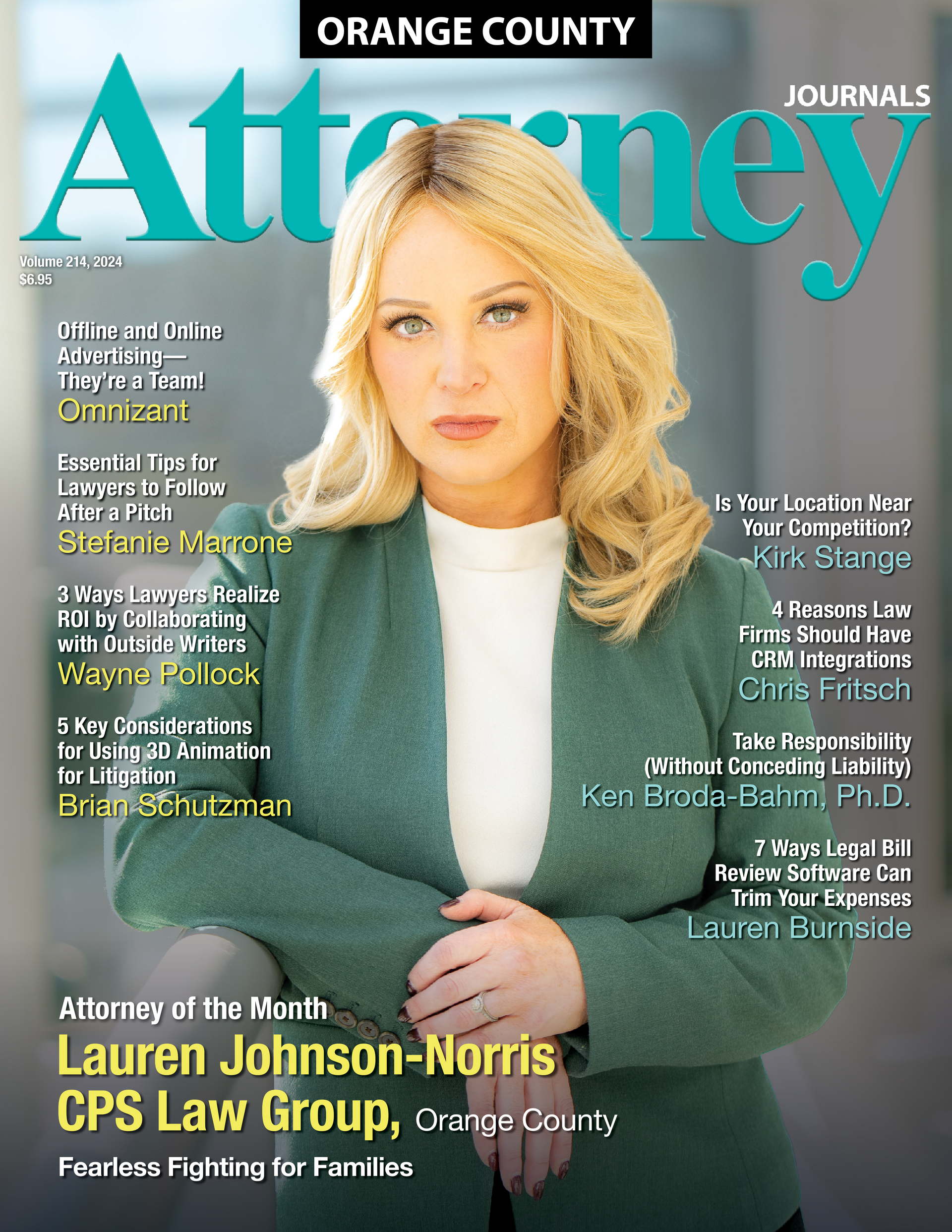 a woman is on the cover of the orange county attorney journal