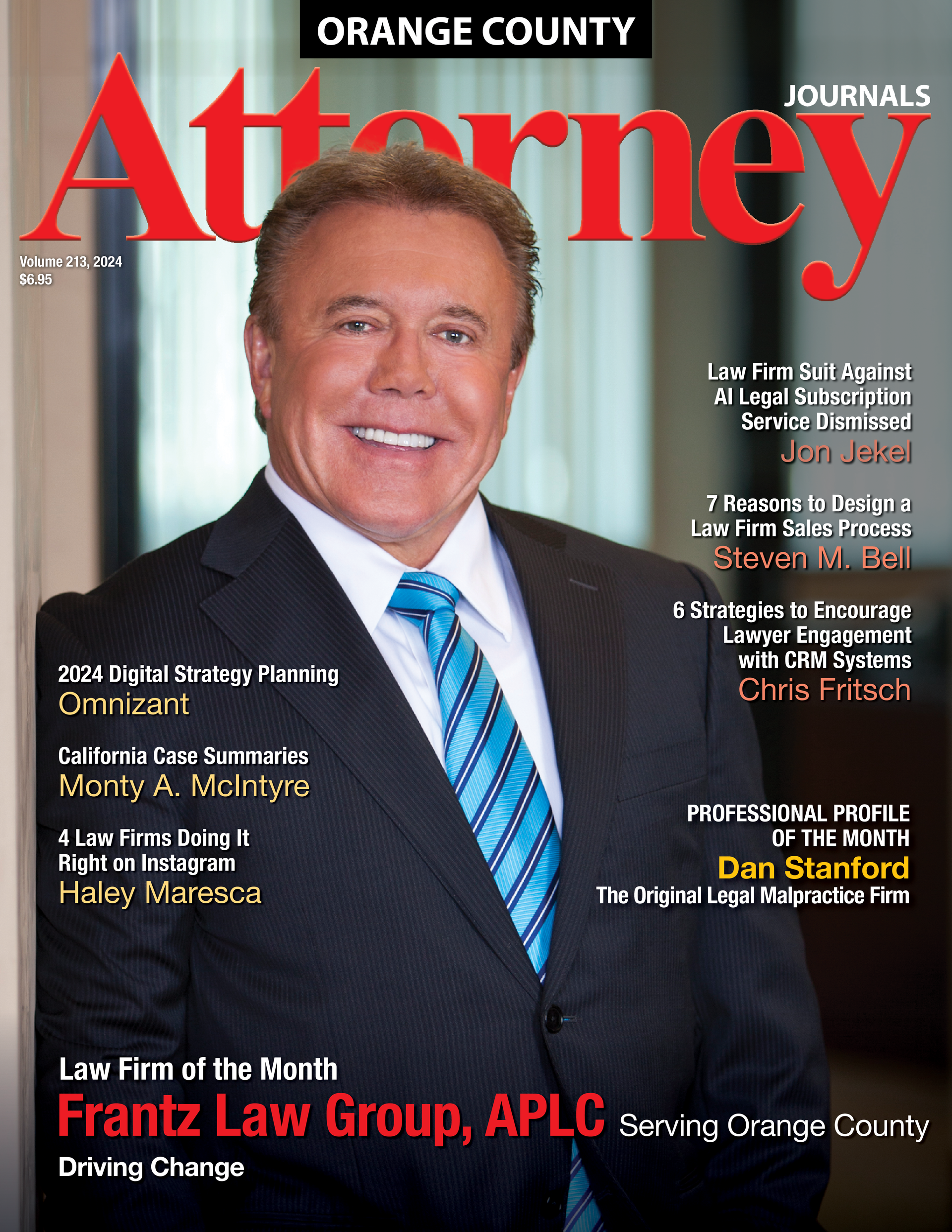 a man in a suit and tie is on the cover of an attorney magazine