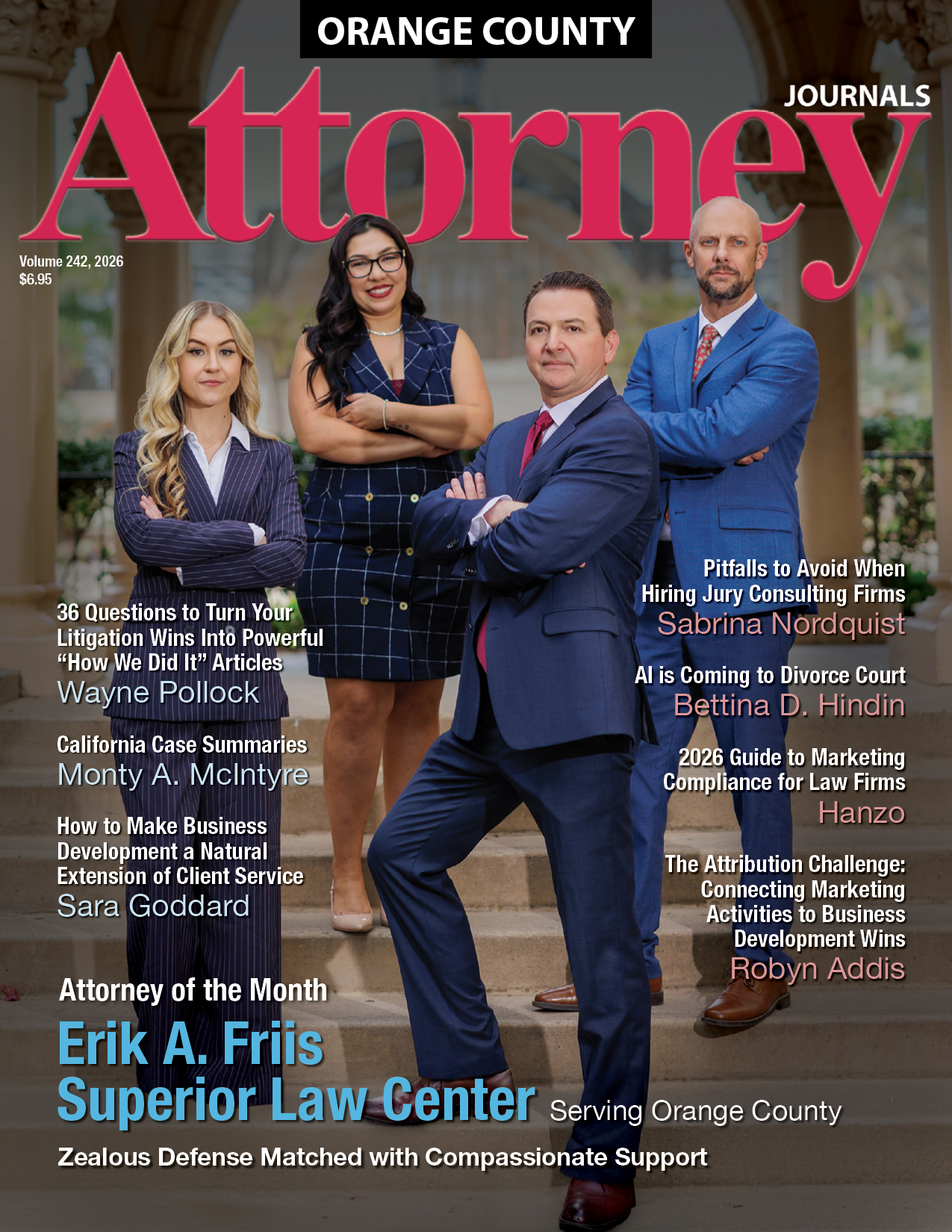 Orange County Attorney Journals cover: Two women and two men in suits, Superior Law Center attorneys. 
