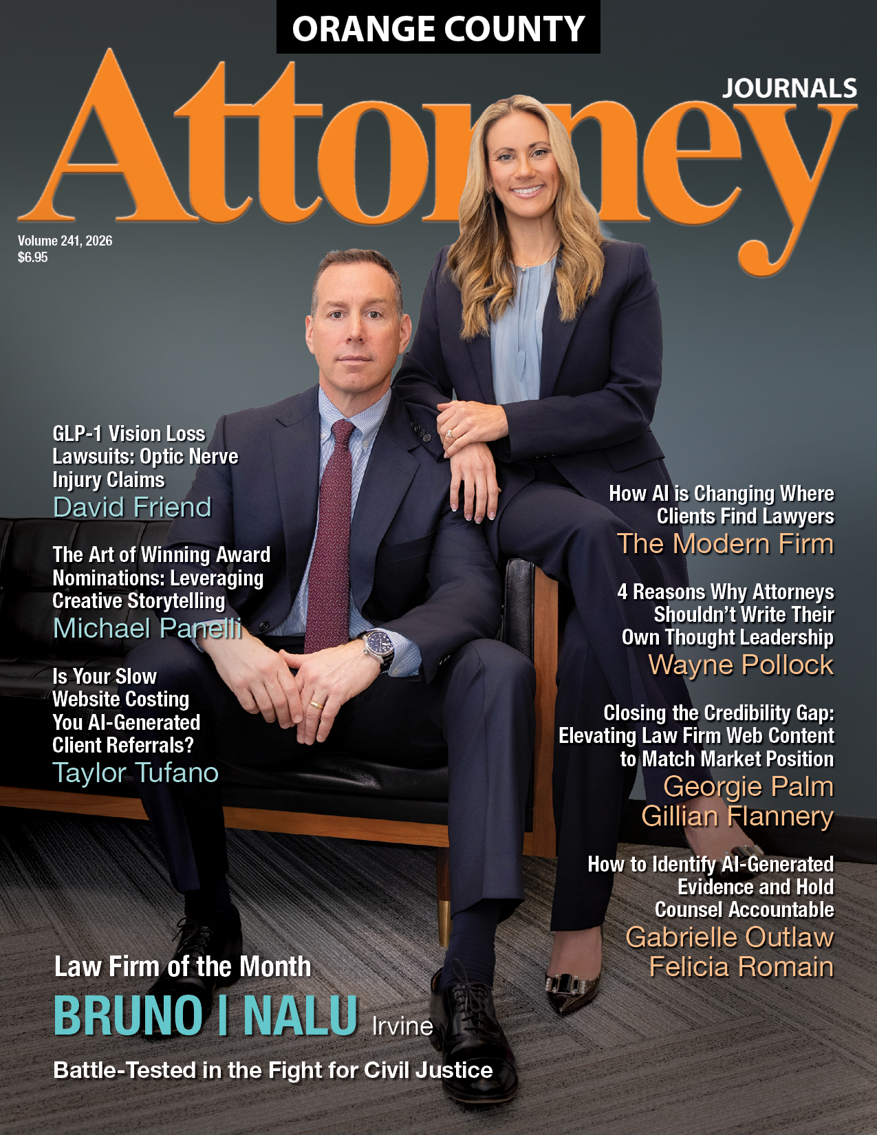 Orange County Attorney Journals cover: A man in woman in suits, BRUNO | NALU attorneys. 