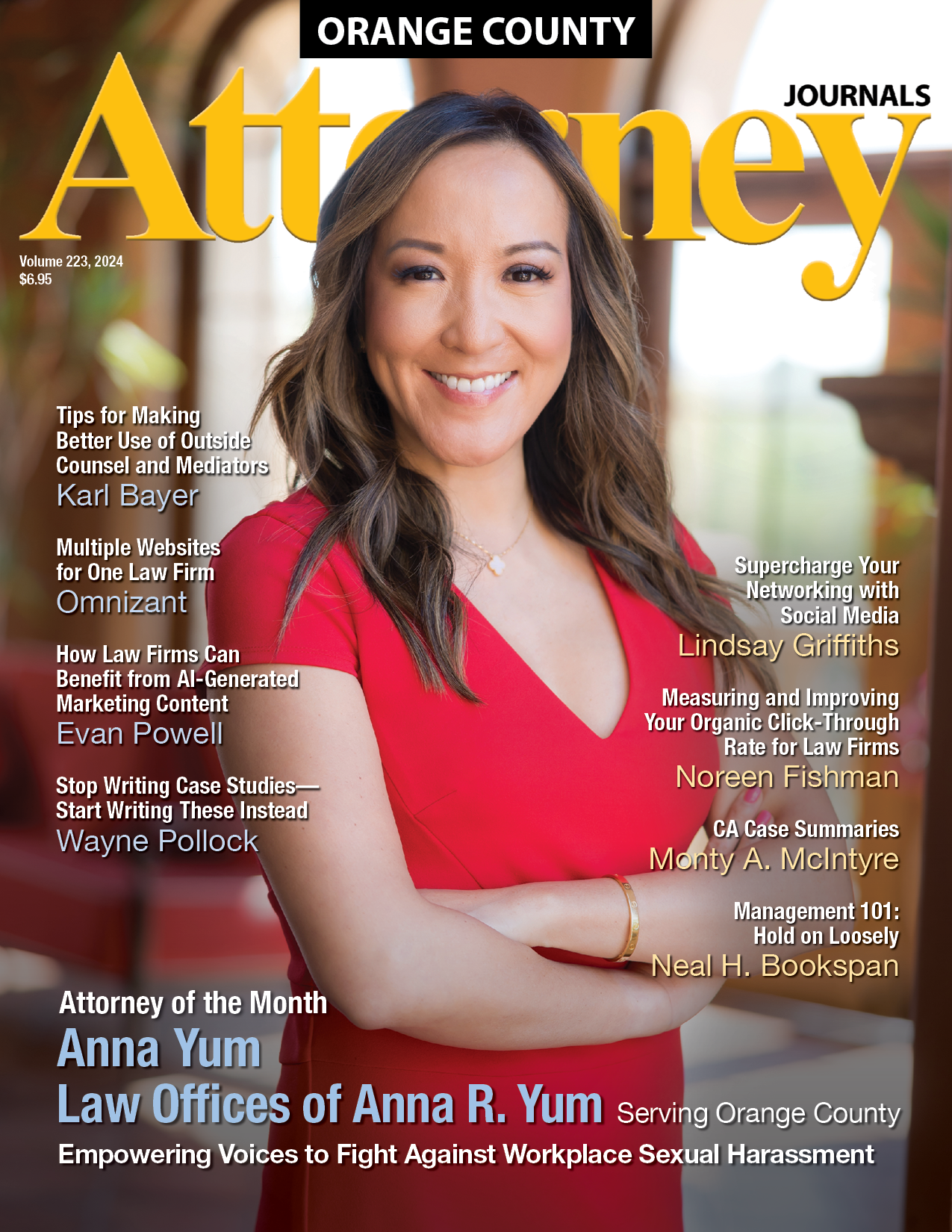 A man in a suit and red tie is on the cover of an orange county attorney magazine