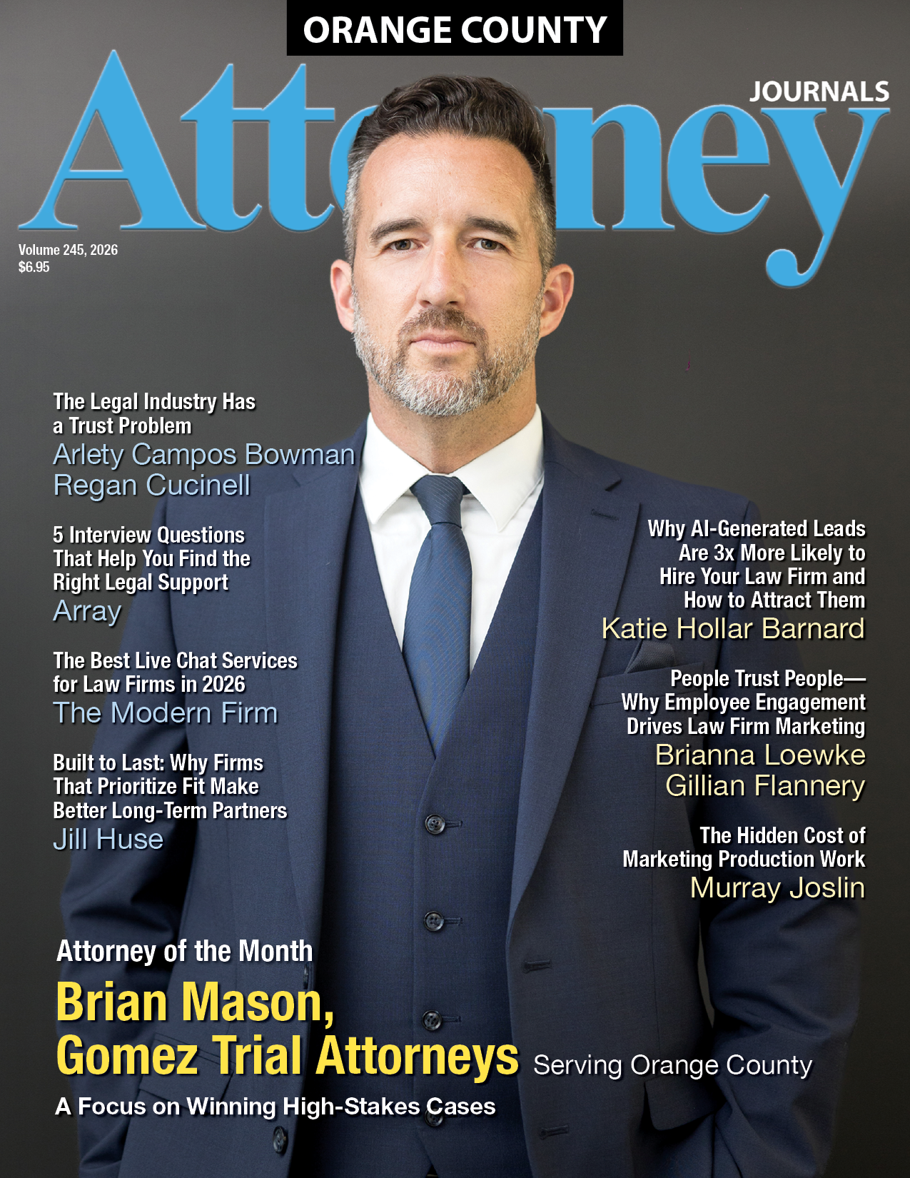 Orange Attorney magazine cover featuring a man in a blue suit and tie on a gray background.
