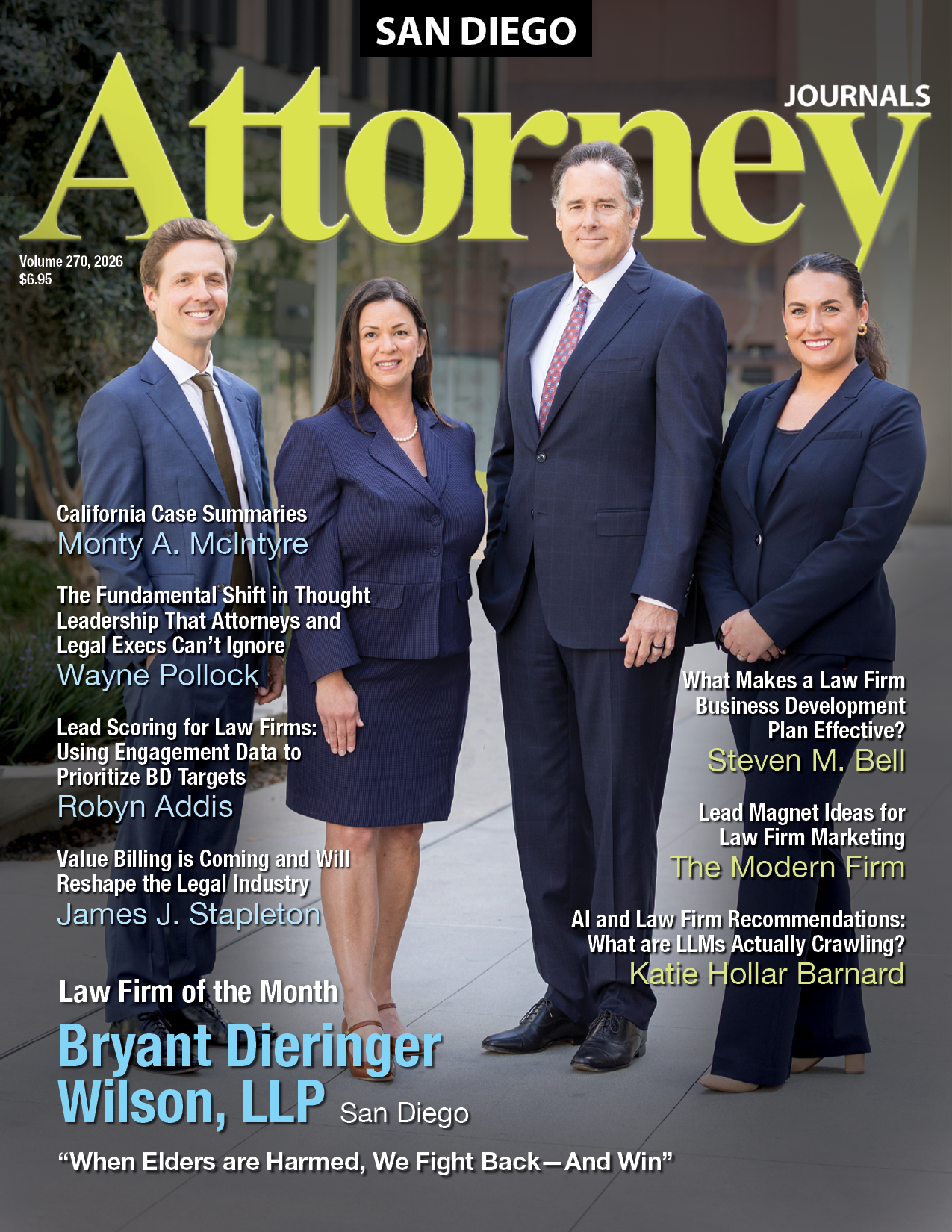 Orange County Attorney Journals cover: Three men in suits, Dunn DeSantis Walt & Kendrick LLP, Law Firm of the Month.