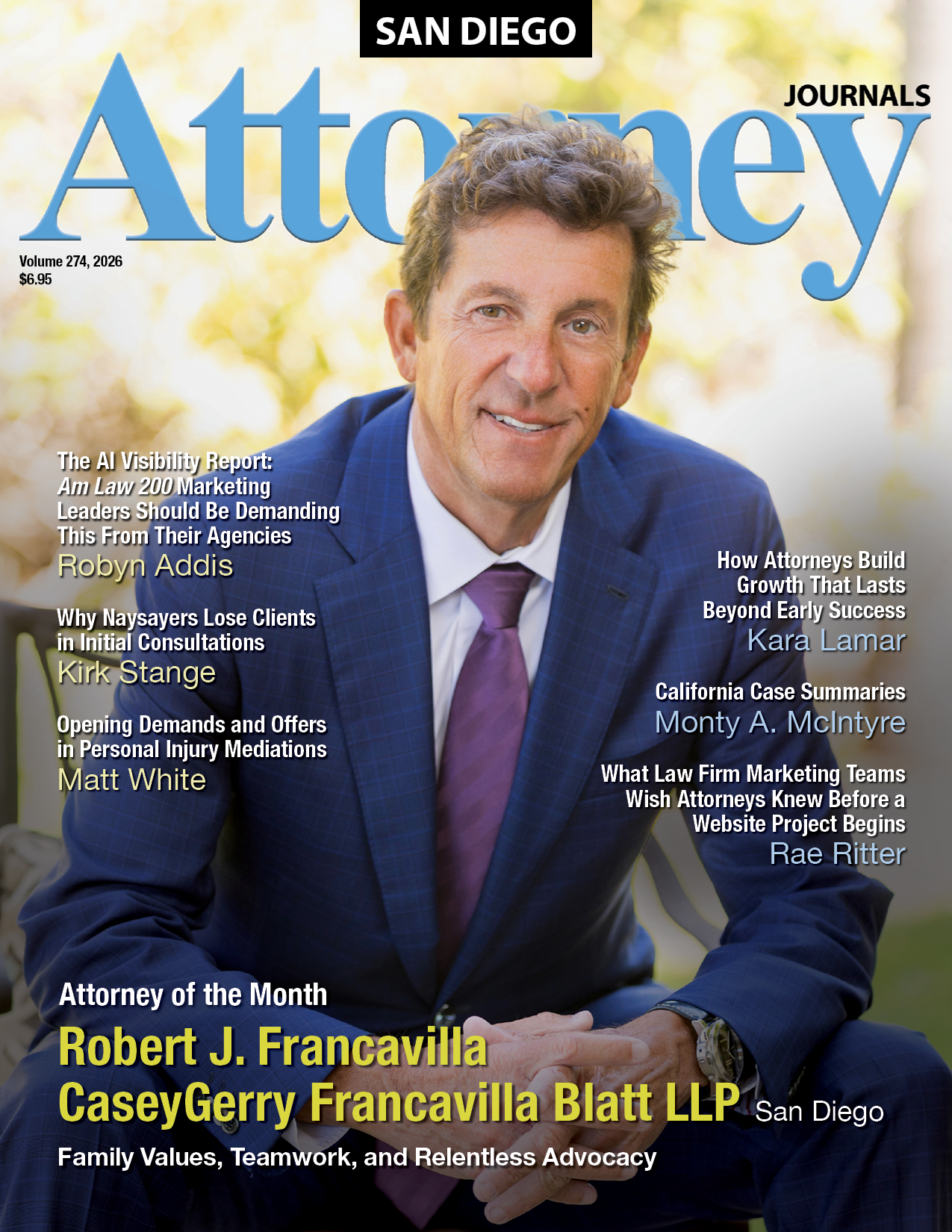 San Diego Attorney magazine cover featuring a man in a blue suit and purple tie seated outdoors