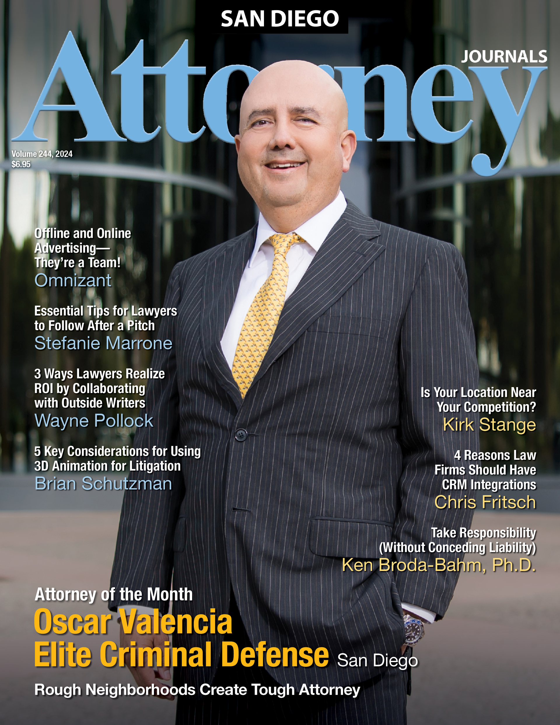 a man in a suit and tie is on the cover of an attorney magazine