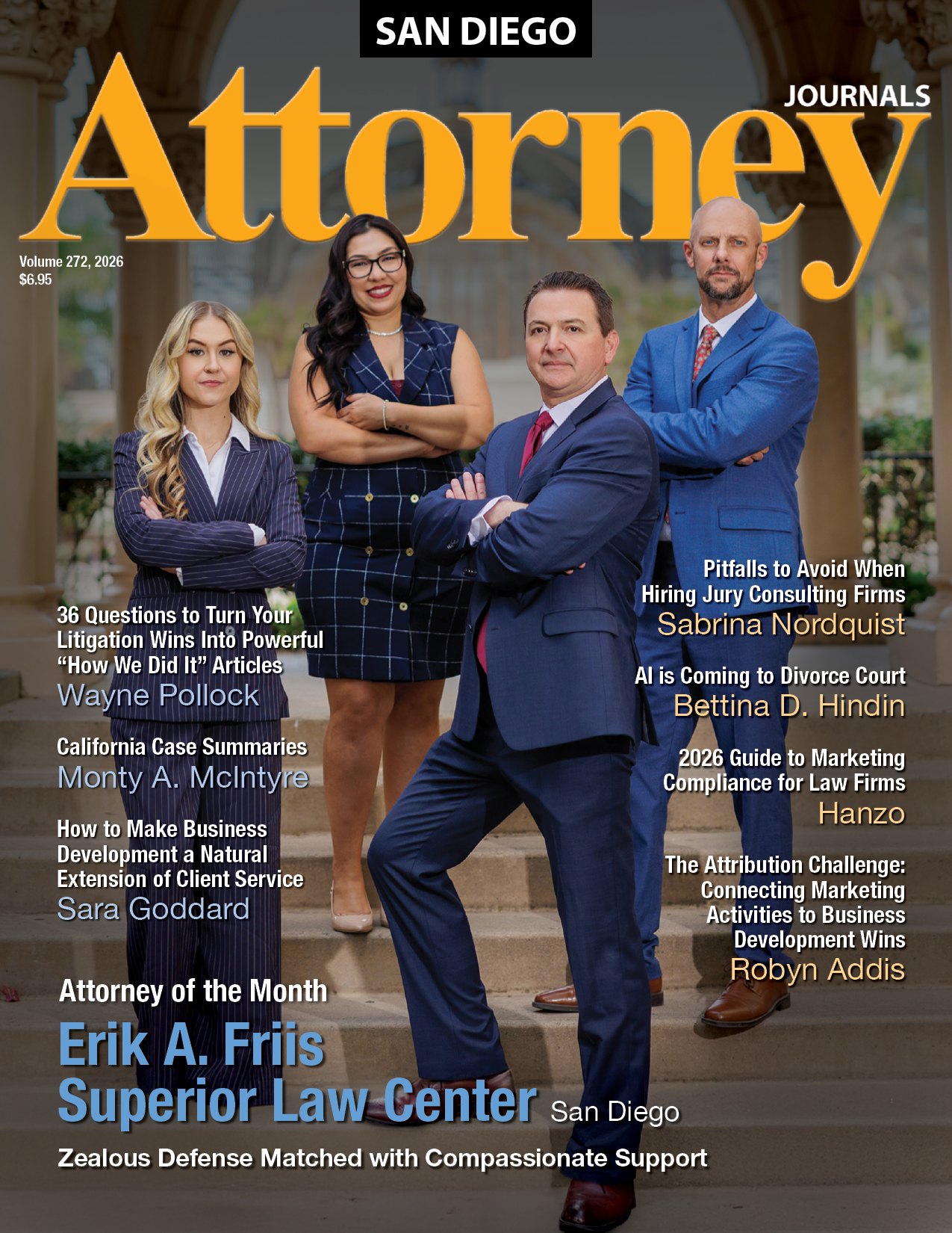 San Diego Attorney Journals cover: Two women and two men in suits, Superior Law Center attorneys.