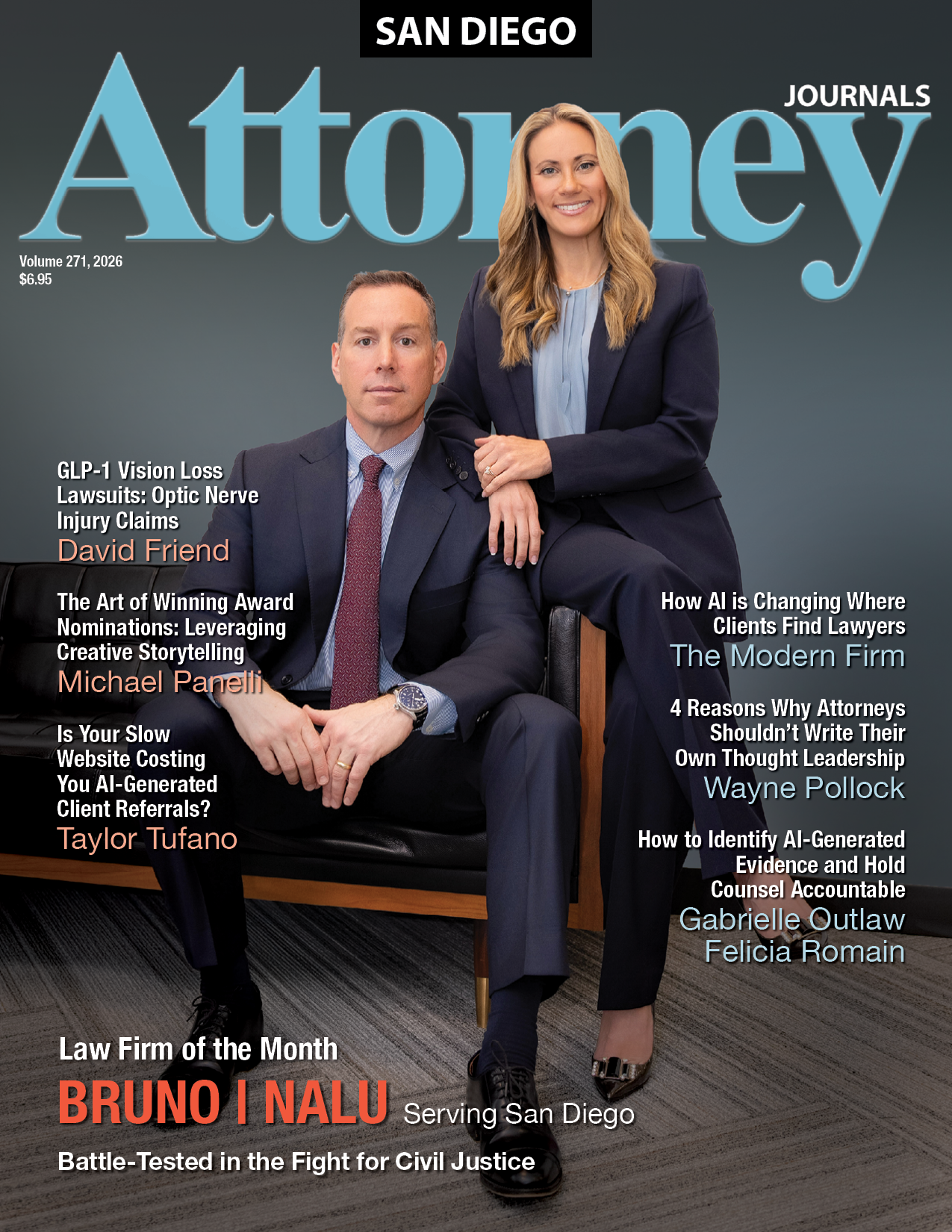 San Diego Attorney Journals cover: A man and a woman in suits, BRUNO | NALU, Law Firm of the Month.