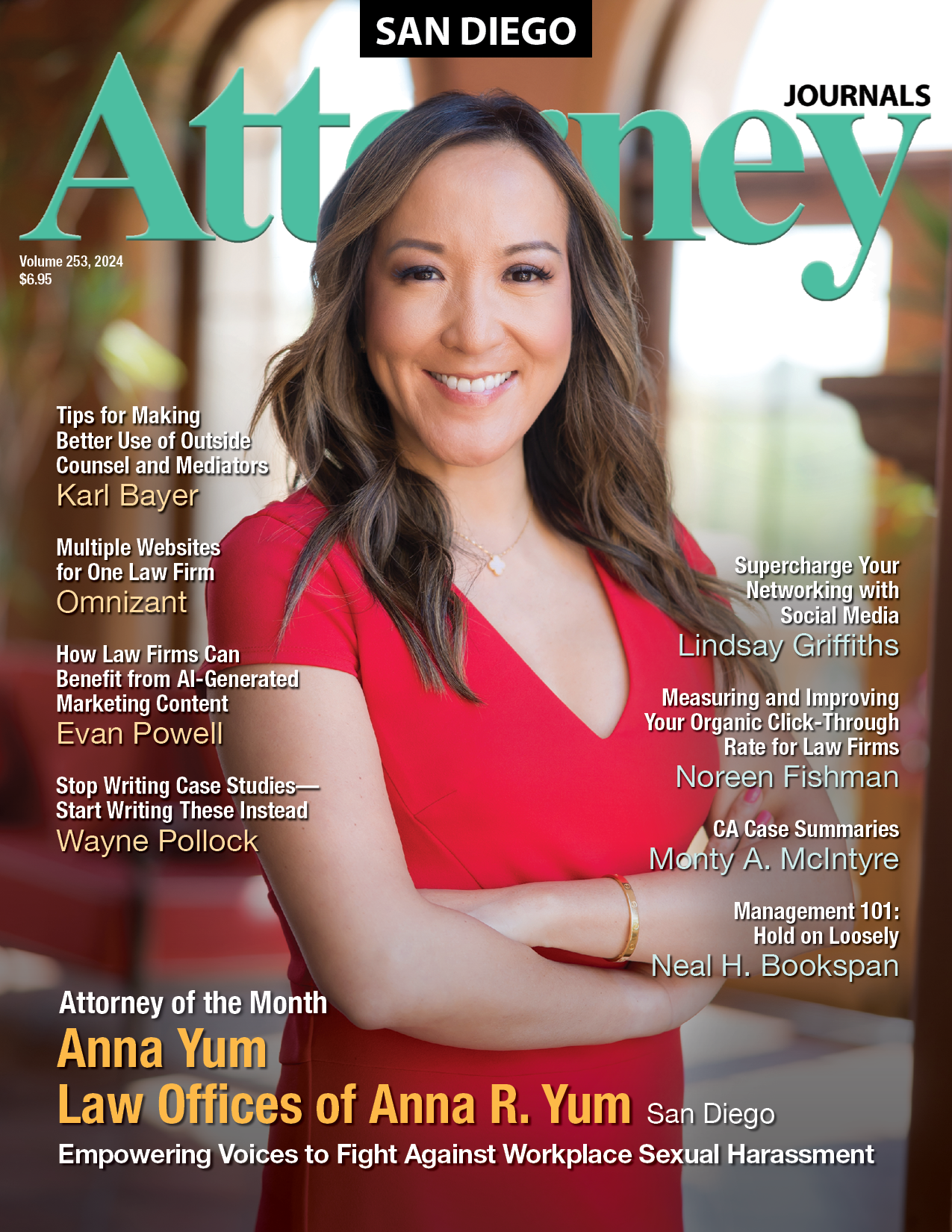 A man in a suit and red tie is on the cover of an orange county attorney magazine