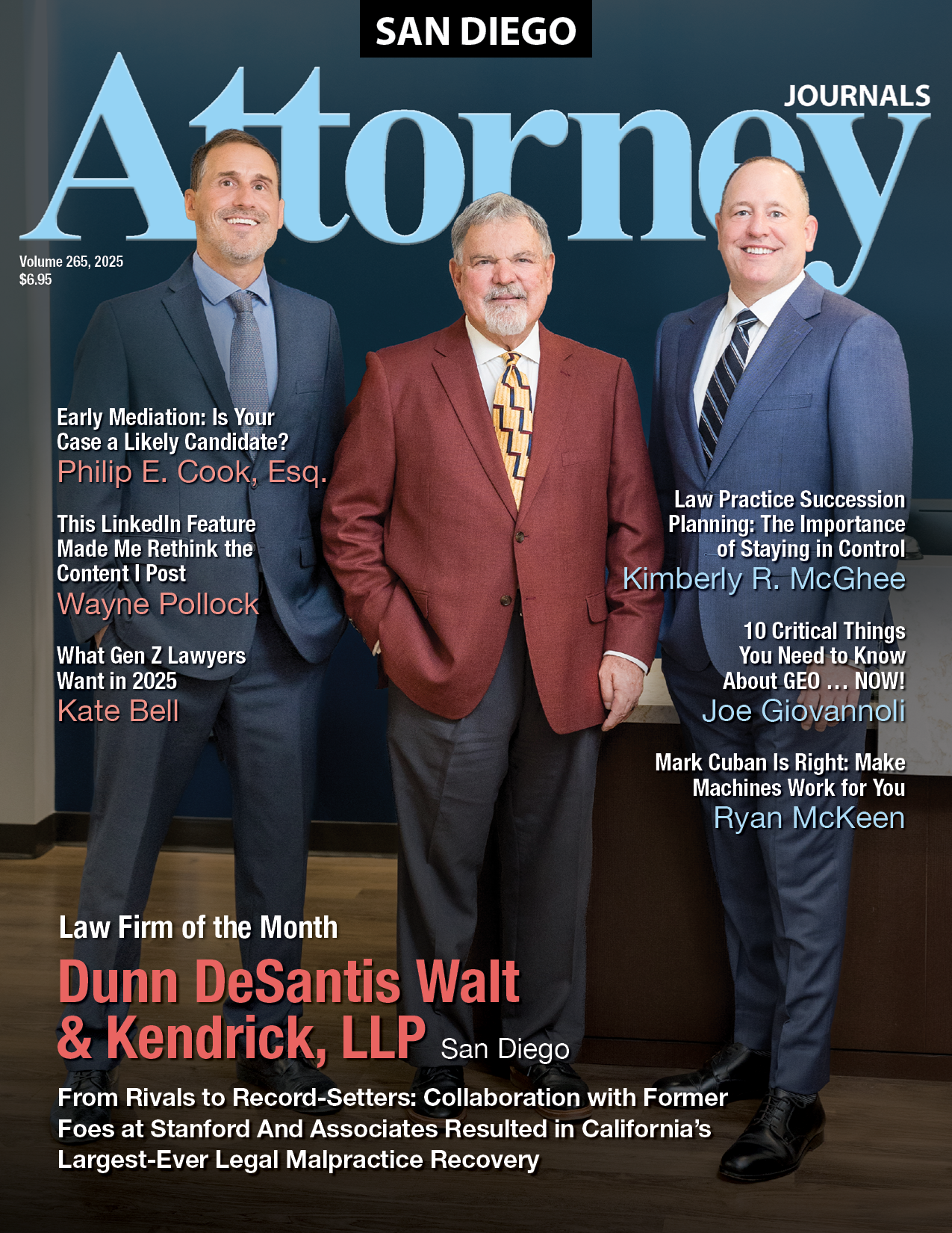 Orange County Attorney Journals cover: Three men in suits, Dunn DeSantis Walt & Kendrick LLP, Law Firm of the Month.