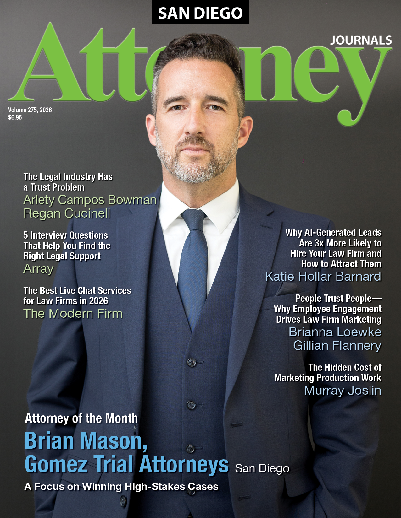 San Diego Attorney magazine cover featuring a man in a dark suit on a gray background