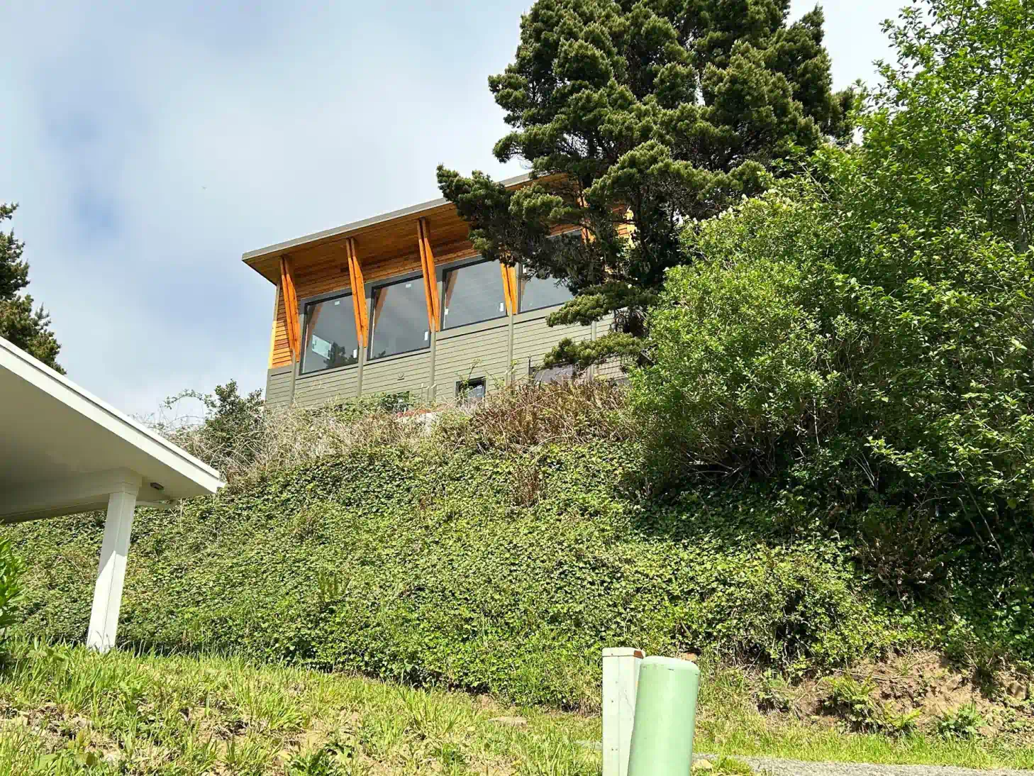 Hillside house with wood balcony above dense green vegetation and trees