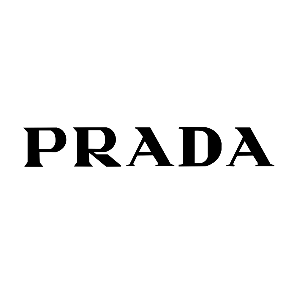 A black and white logo for prada on a white background.