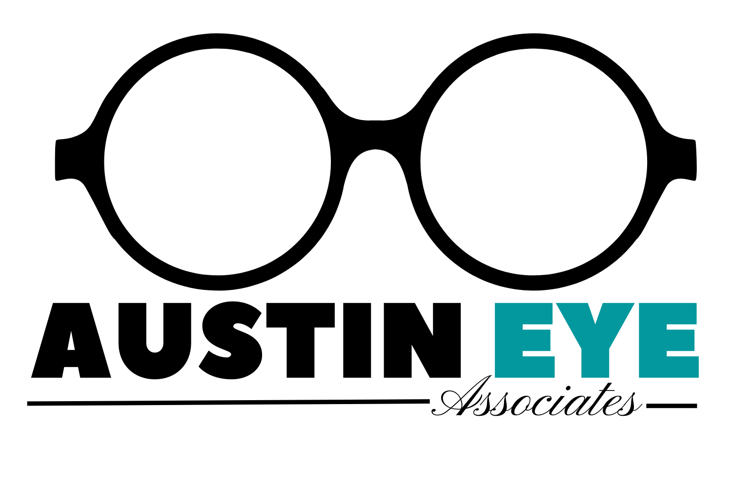 The logo for austin eye associates shows a pair of glasses.