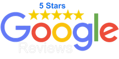Google Reviews logo with 5 blue stars above colorful Google text