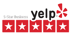 Yelp 5-star business rating graphic with red star icons and Yelp logo on a white background