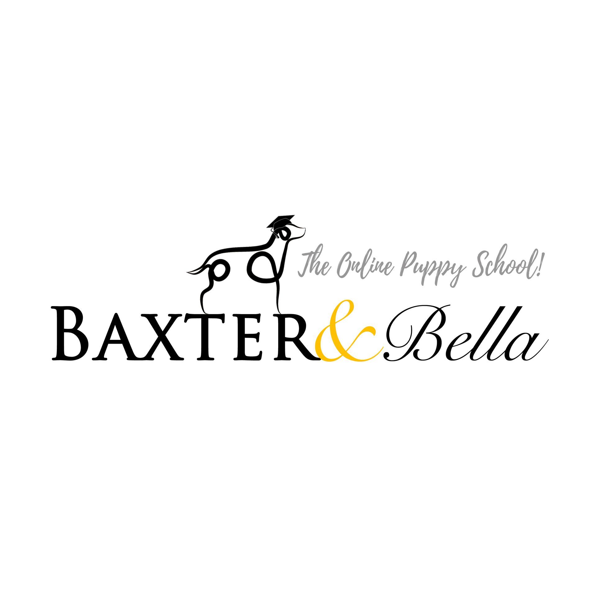 Logo for Baxter & Bella, The Online Puppy School, featuring a black outline of a dog and black and gold text.