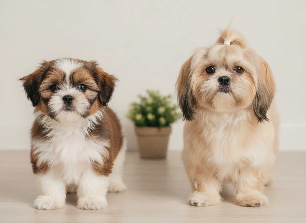 Two small Shih Tzu dogs stand on a light floor against a neutral wall, with a small potted plant between them.