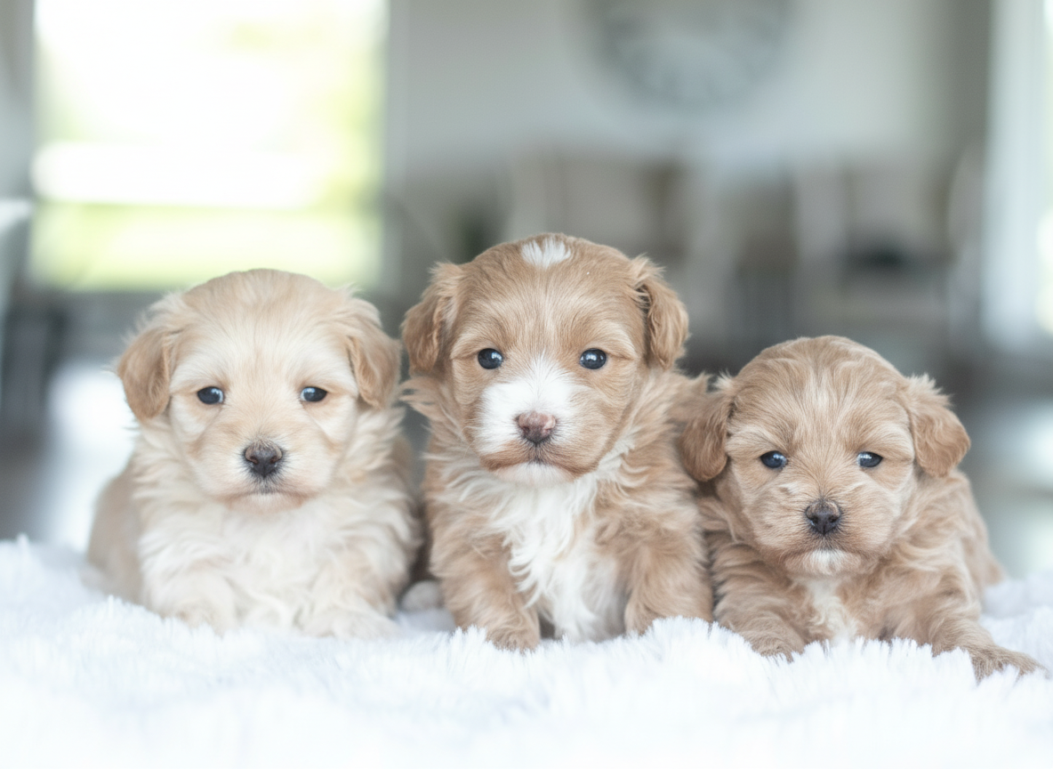 Four light-brown, newborn puppies snuggled together on a soft, white faux-fur blanket.