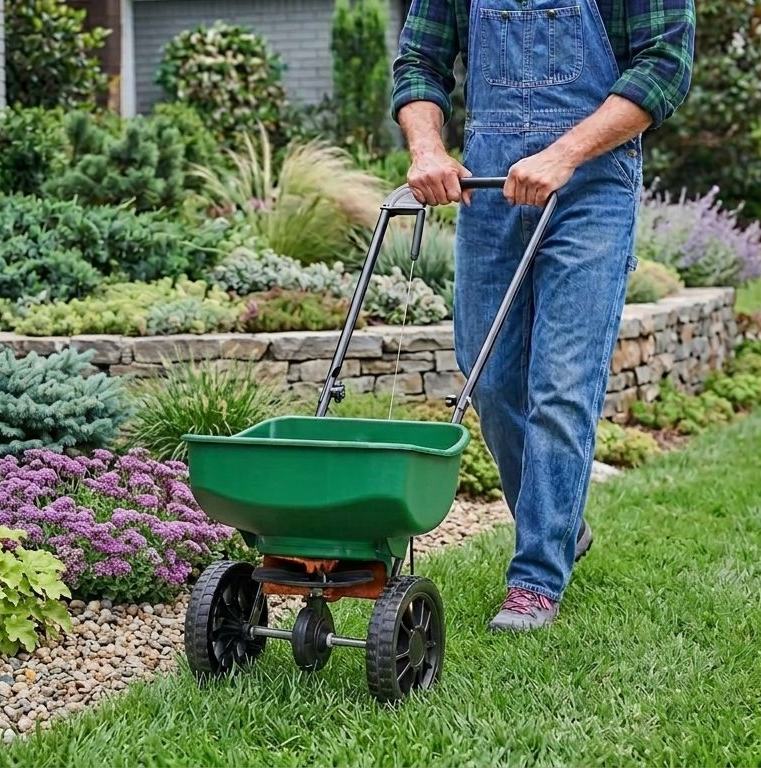 Bags lawn care products in green, blue, yellow, and orange packaging