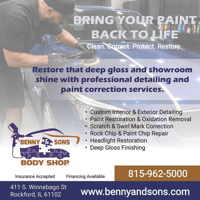 Benny & Sons Body Shop ad for paint correction and detailing, with services list and phone number 815-962-5000