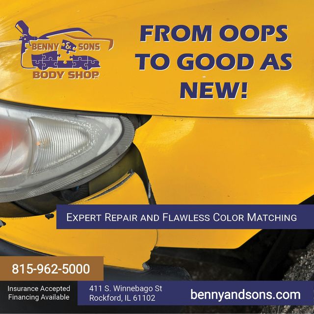 Auto body shop ad with yellow car bumper, “From Oops to Good as New!” and contact info