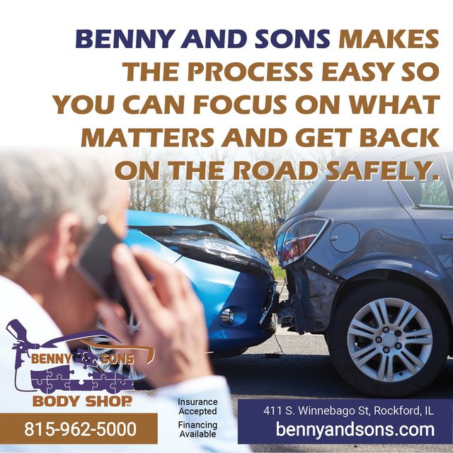 Benny and Sons Body Shop ad with damaged cars, tow service, and slogan about getting back on the road safely