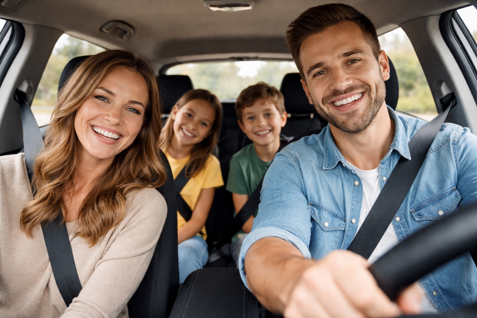 A family of four smiles while sitting inside a car with seatbelts fastened, preparing for a drive.