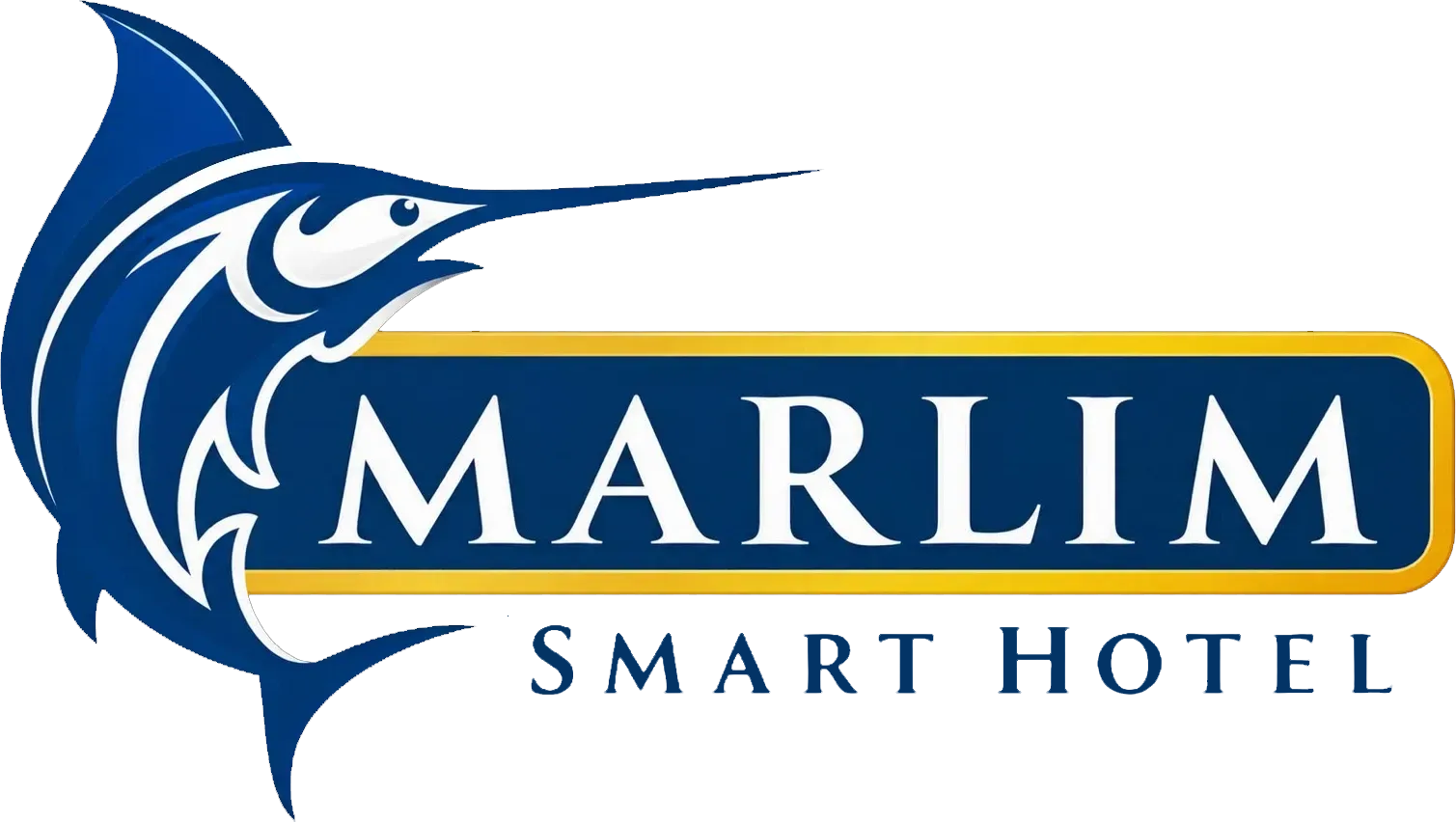 Logotipo do Hotel Marlim Porto com marlim azul e texto azul e dourado sobre fundo branco.