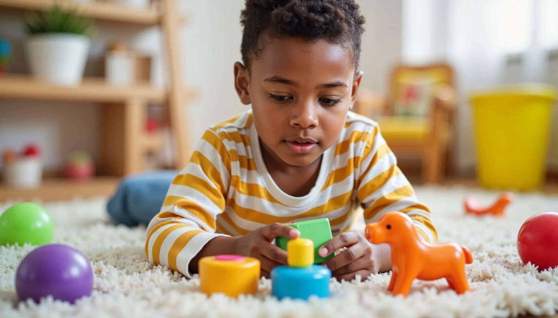 Child playing on a carpet with colorful toys, including a small orange dinosaur and stacking blocks.