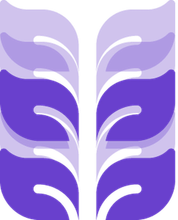 Purple stylized leaf logo on white background