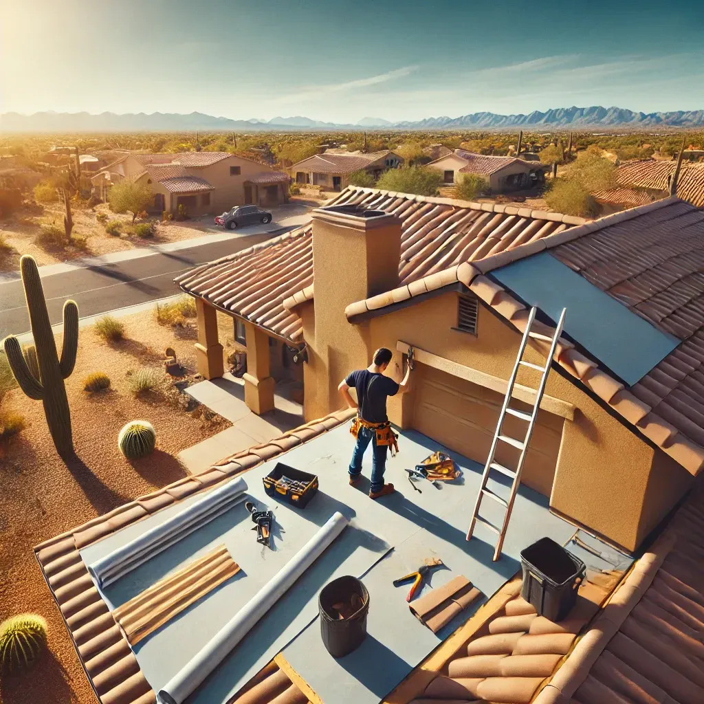 Here is the image of a roofing contractor in Phoenix, Arizona, working on a residential roof installation. It captures the distinct Arizona landscape and climate, adding context to the roofing project. If you need any adjustments, feel free to let me know!