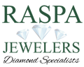 Logo for Raspa Jewelers, featuring dark green text with three diamond icons in the center on a white background.