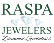 Logo for Raspa Jewelers, featuring dark green text with three diamond icons in the center on a white background.