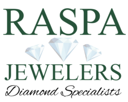 Logo for Raspa Jewelers, featuring dark green text with three diamond icons in the center on a white background.