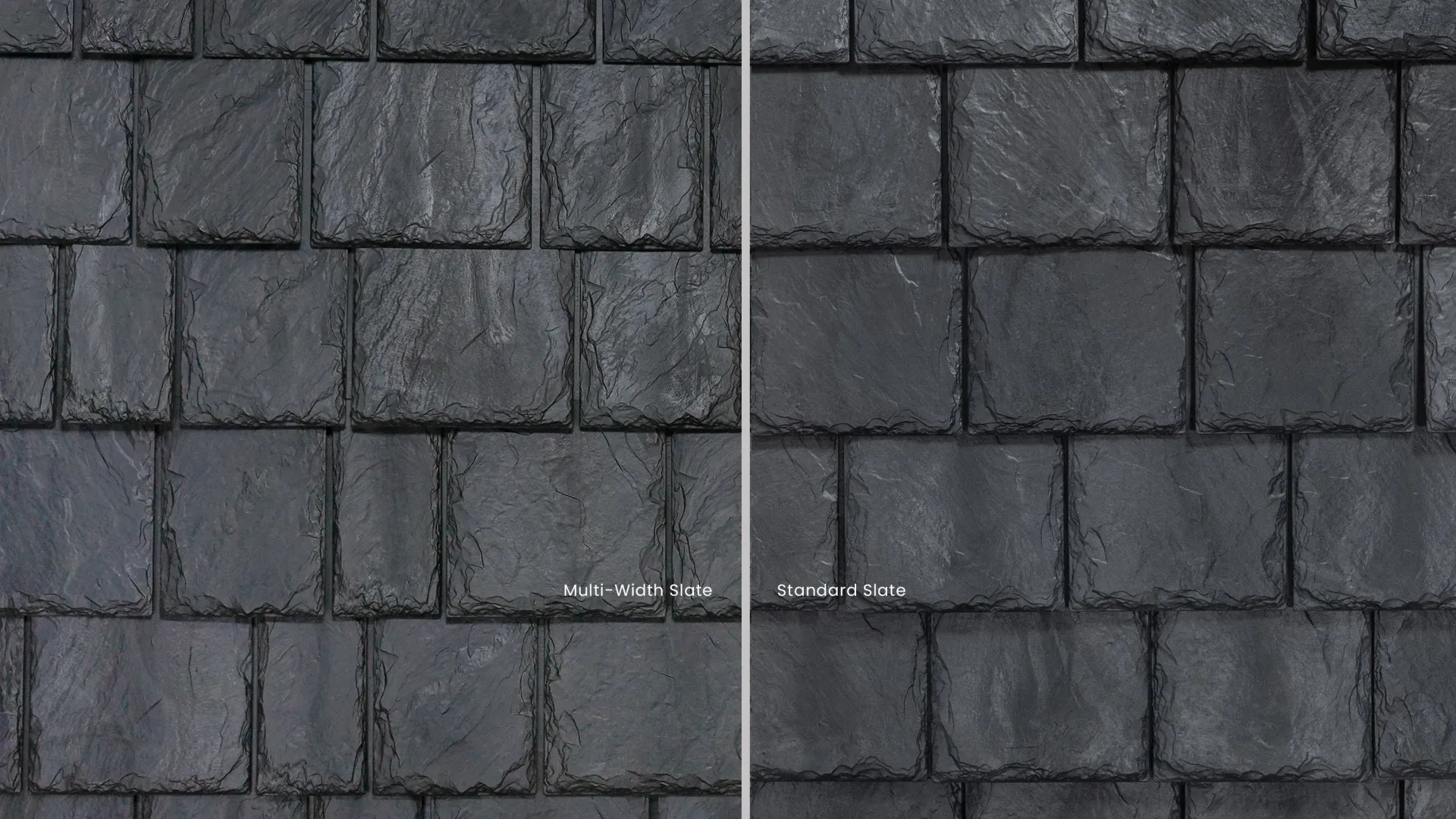Multi-width composite slate tile in layered gray tones