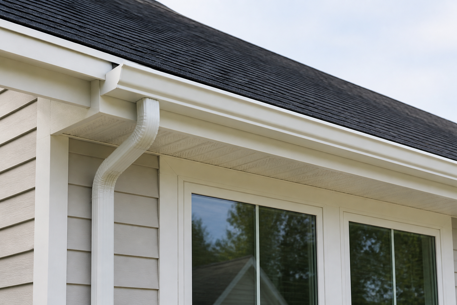 Gutters, fascia, and window exterior detail by Highmark Roofing Partners